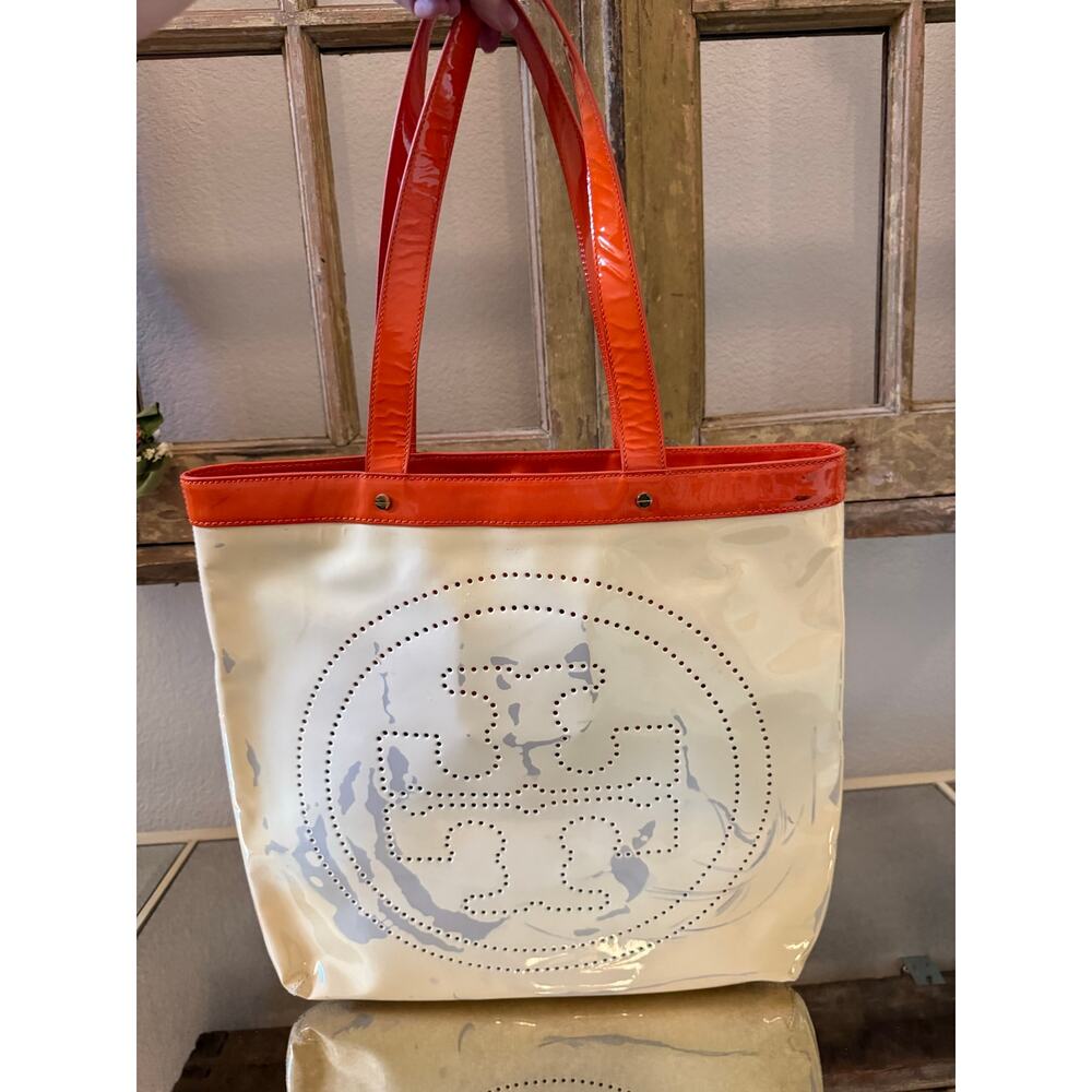 Vintage Tory Burch Perforated Patent Leather Tote Bag Purse Handbag *as is*